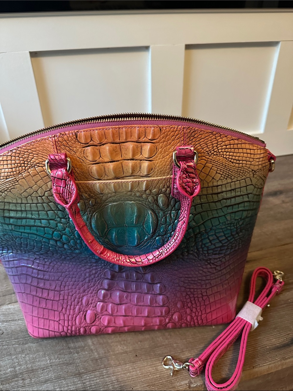 Brahmin Pink Teal Ombre Croc-Embossed Satchel - Picture 6 of 9